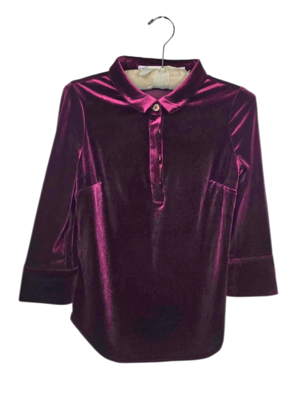 Gretchen Scott Burgundy Bordeaux Silky Velvet Popover Top Henley Shrimp XXS
